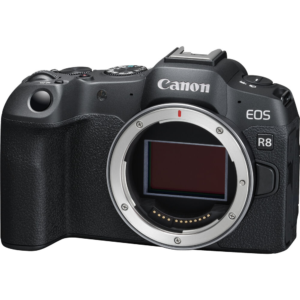 Canon EOS R8 corpo em ângulo frontal