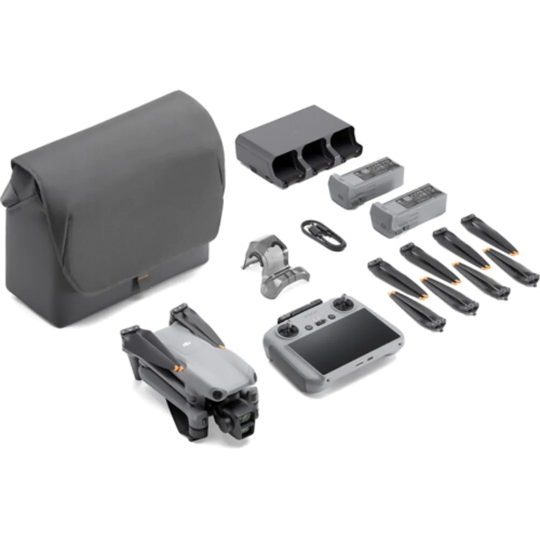 Drone DJI Air 3 Fly More Combo com RC 2 — componentes do combo DJI Air 3 Fly More Combo com RC 2 e componentes apresentados