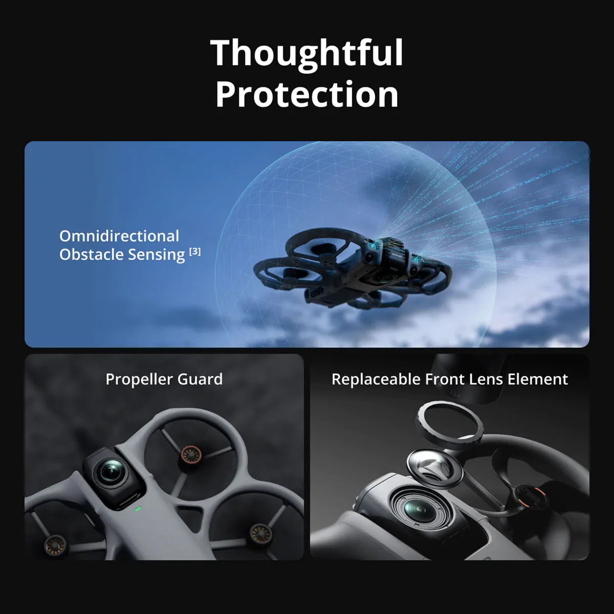 DJI Avata 360 — proteção e elementos da câmera Detalhes do DJI Avata 360 e da proteção das hélices e lentes