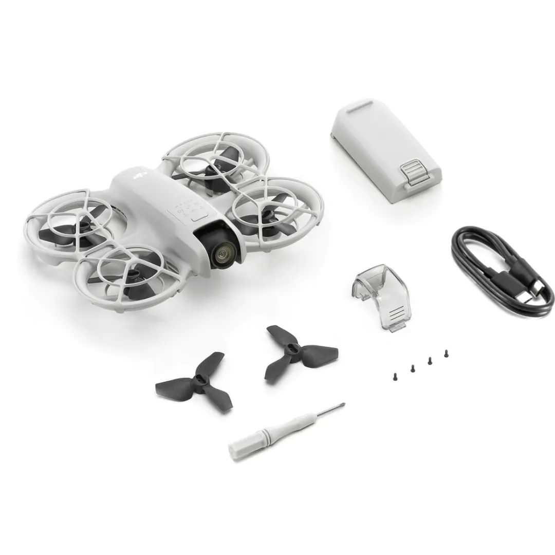 Drone DJI Neo Padrão sem Controle Remoto — componentes apresentados DJI Neo padrão e componentes sem controle remoto